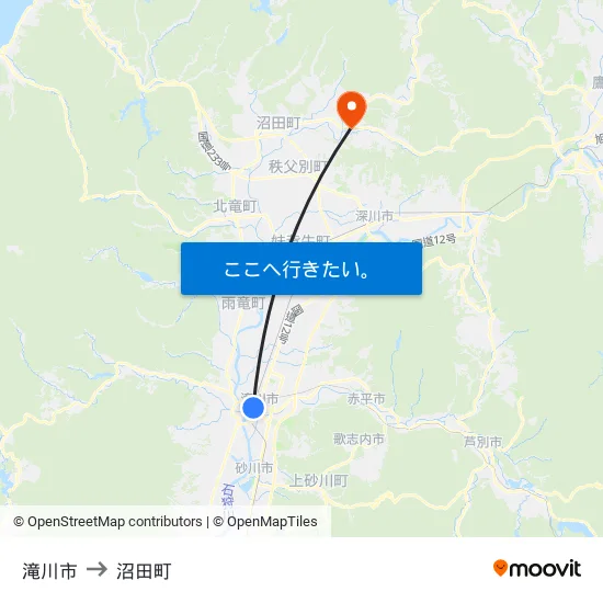 滝川市 to 沼田町 map