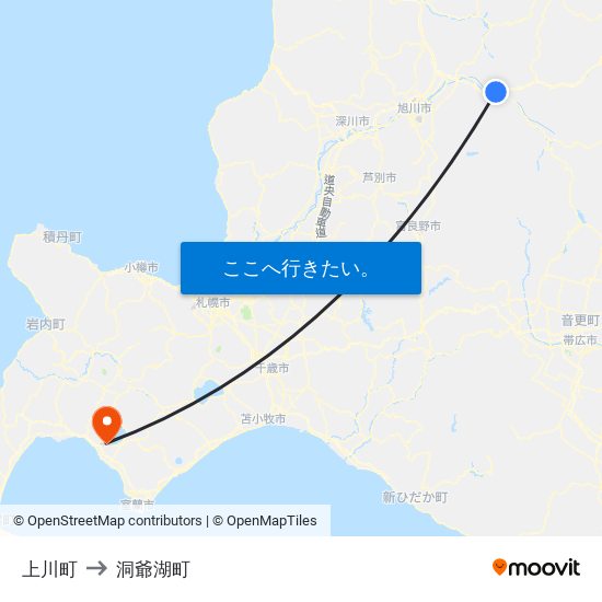 上川町 to 洞爺湖町 map