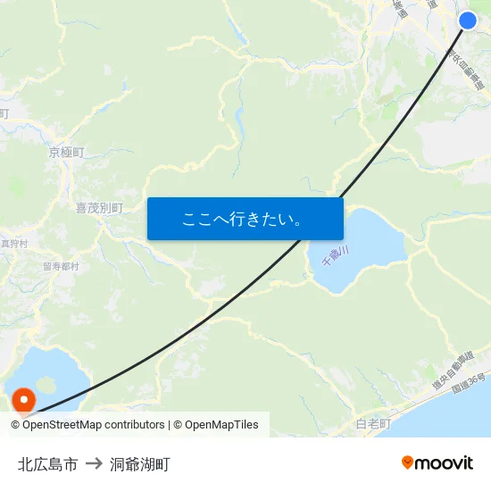 北広島市 to 洞爺湖町 map