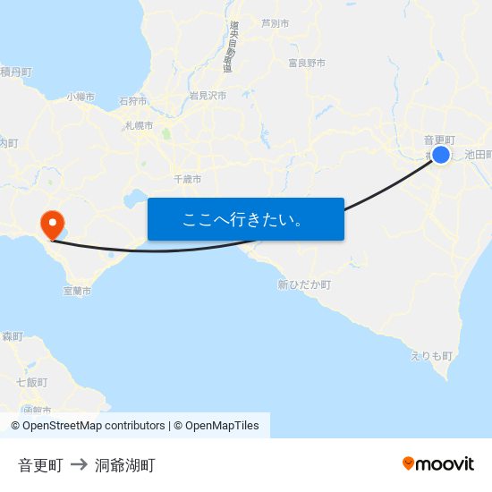 音更町 to 洞爺湖町 map