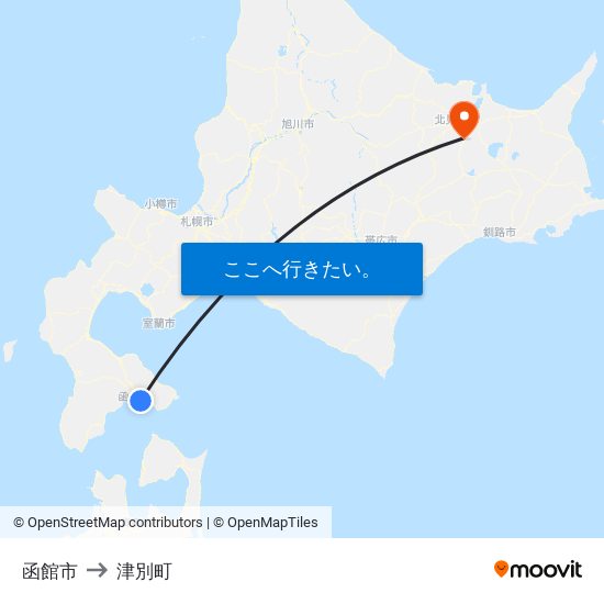 函館市 to 津別町 map