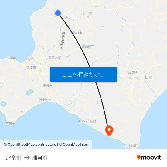 北竜町 to 浦河町 map