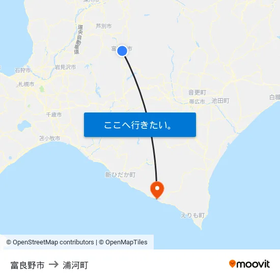 富良野市 to 浦河町 map