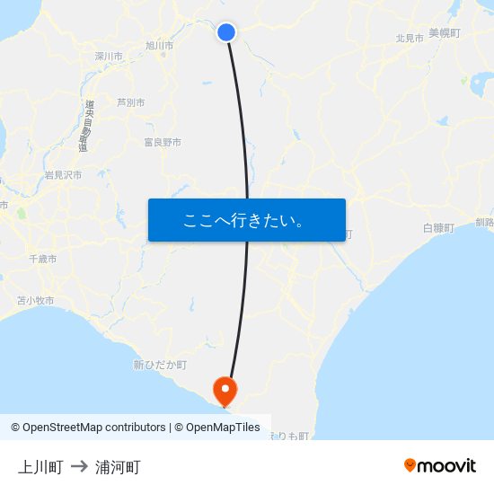 上川町 to 浦河町 map