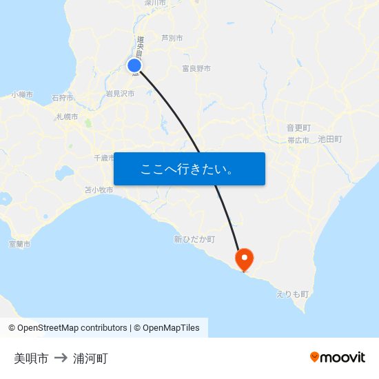 美唄市 to 浦河町 map