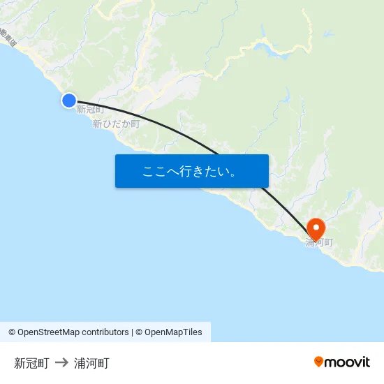 新冠町 to 浦河町 map