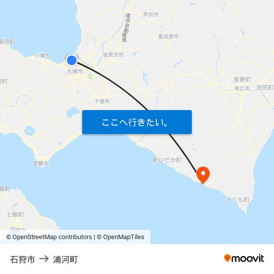 石狩市 to 浦河町 map