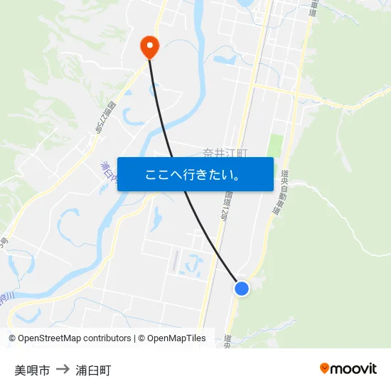 美唄市 to 浦臼町 map