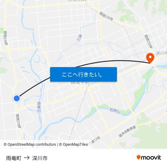 雨竜町 to 深川市 map