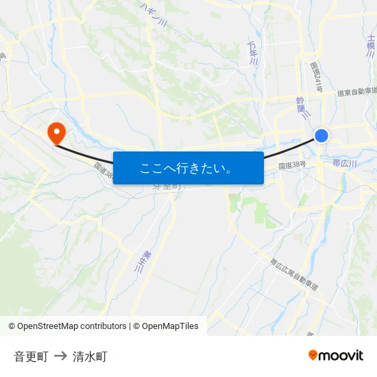 音更町 to 清水町 map