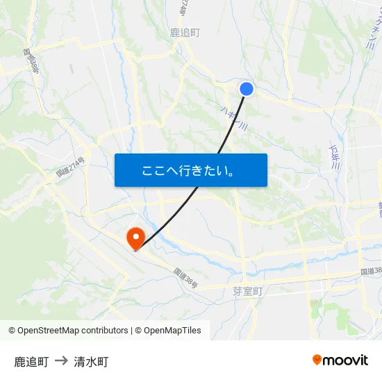 鹿追町 to 清水町 map
