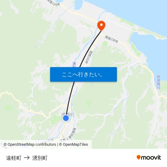 遠軽町 to 湧別町 map