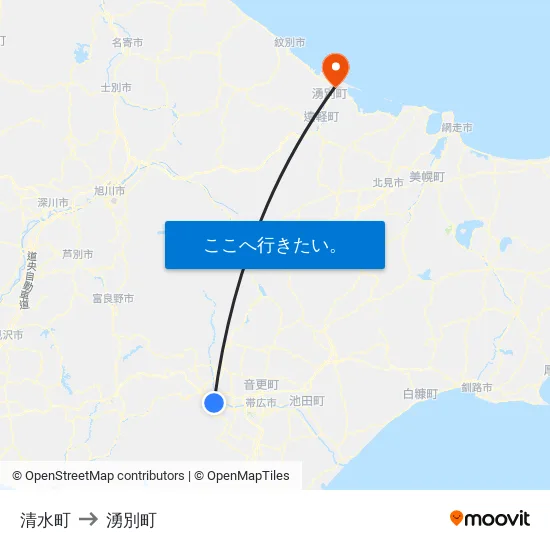 清水町 to 湧別町 map