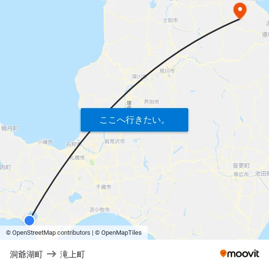 洞爺湖町 to 滝上町 map