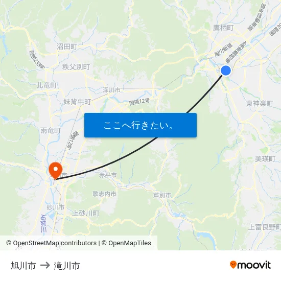 旭川市 to 滝川市 map