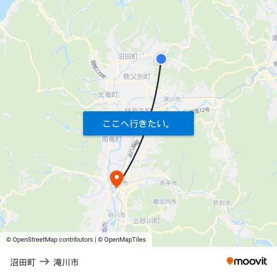 沼田町 to 滝川市 map