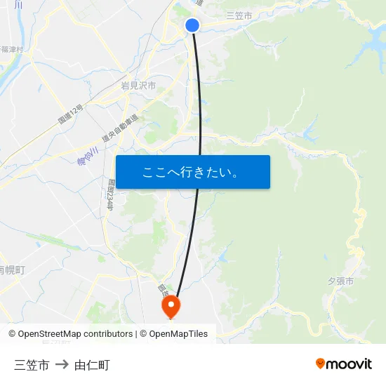 三笠市 to 由仁町 map