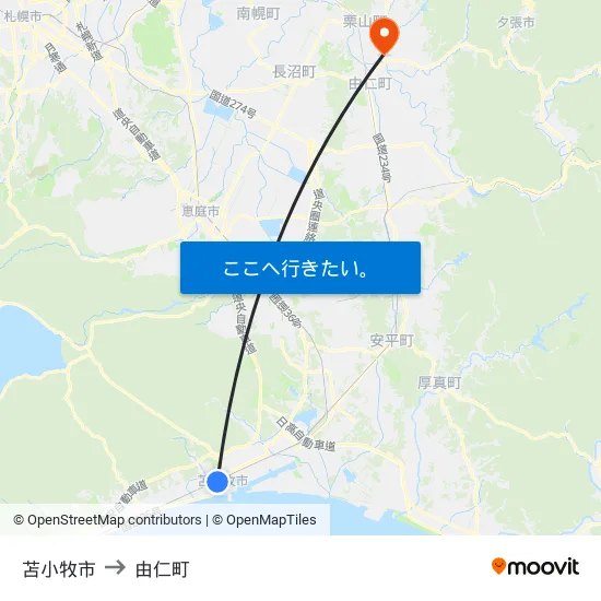 苫小牧市 to 由仁町 map
