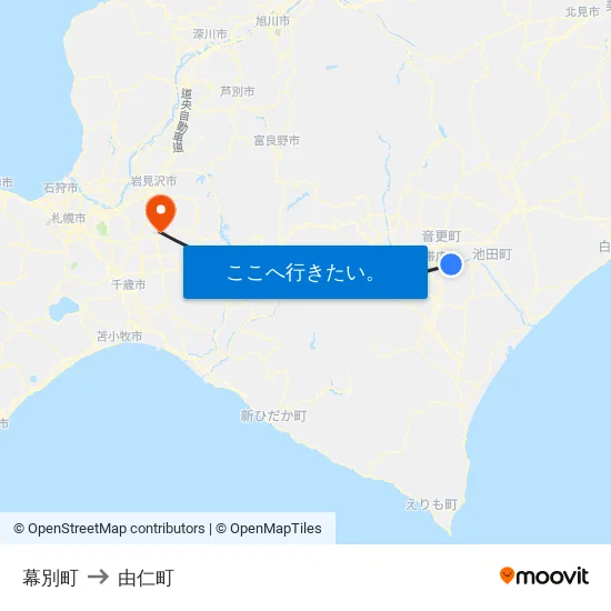 幕別町 to 由仁町 map