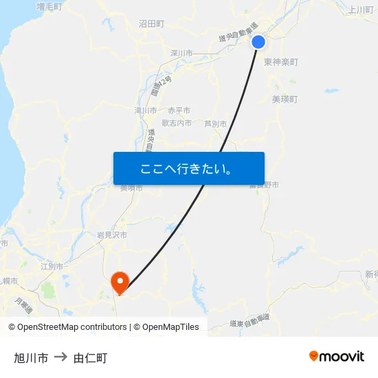 旭川市 to 由仁町 map