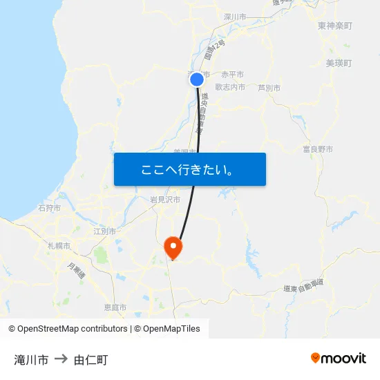 滝川市 to 由仁町 map