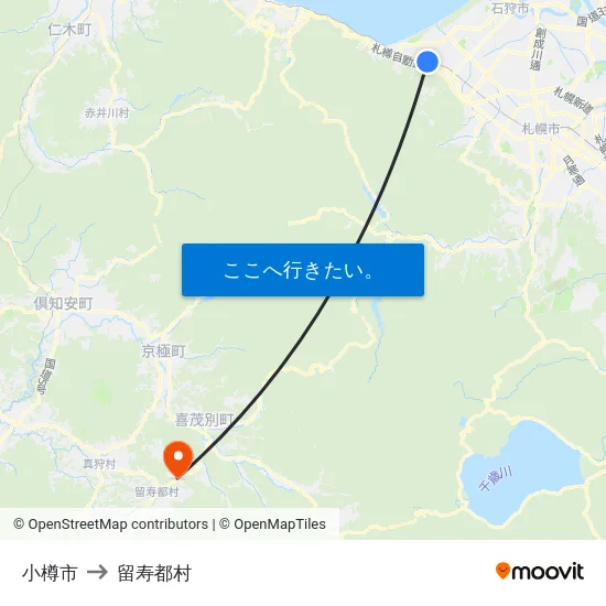 小樽市 to 留寿都村 map