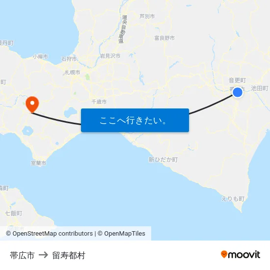 帯広市 to 留寿都村 map