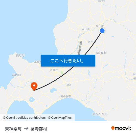 東神楽町 to 留寿都村 map