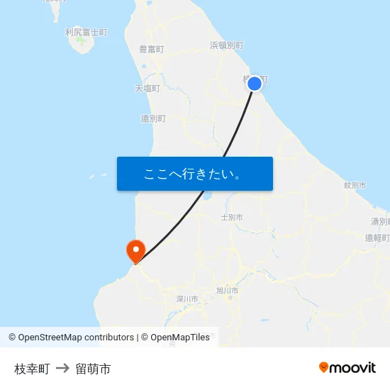 枝幸町 to 留萌市 map
