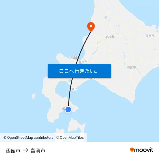 函館市 to 留萌市 map