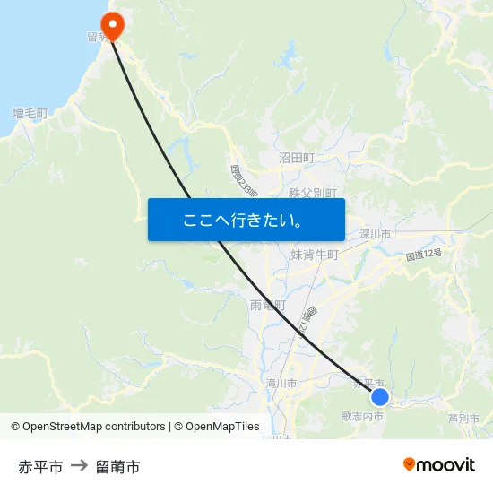 赤平市 to 留萌市 map