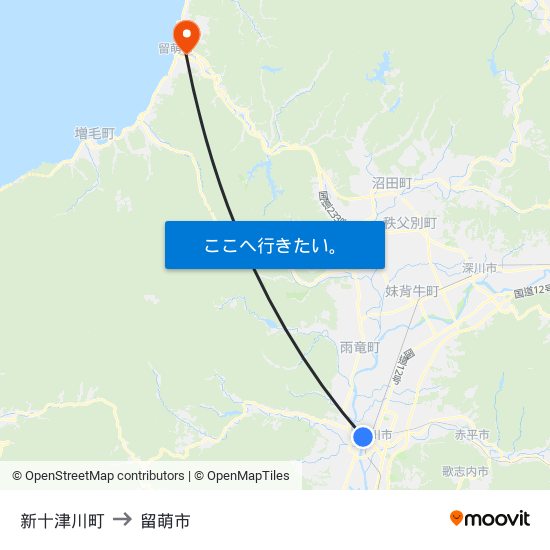 新十津川町 to 留萌市 map