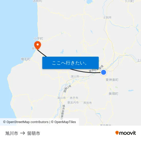 旭川市 to 留萌市 map