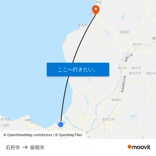 石狩市 to 留萌市 map