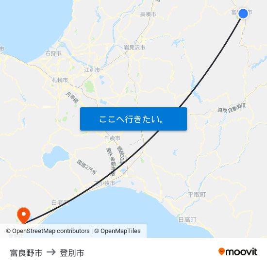 富良野市 to 登別市 map