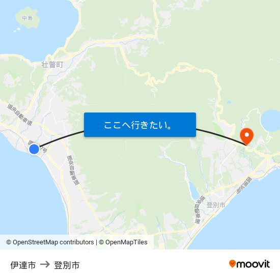 伊達市 to 登別市 map