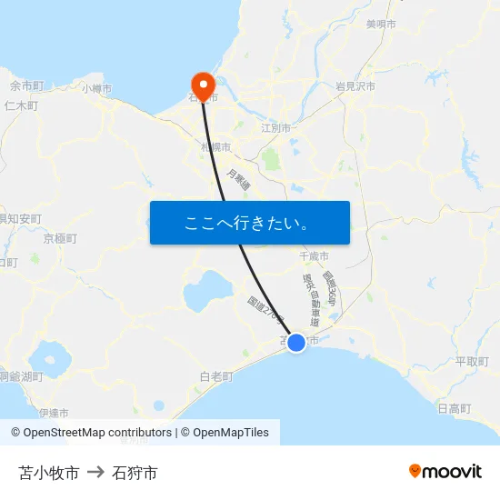 苫小牧市 to 石狩市 map
