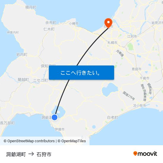 洞爺湖町 to 石狩市 map