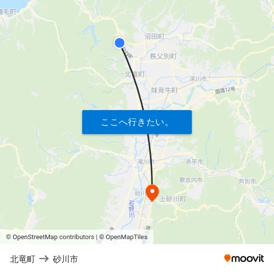 北竜町 to 砂川市 map