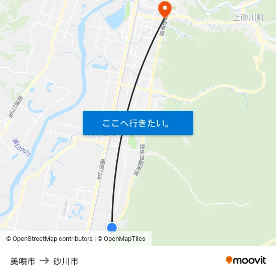 美唄市 to 砂川市 map