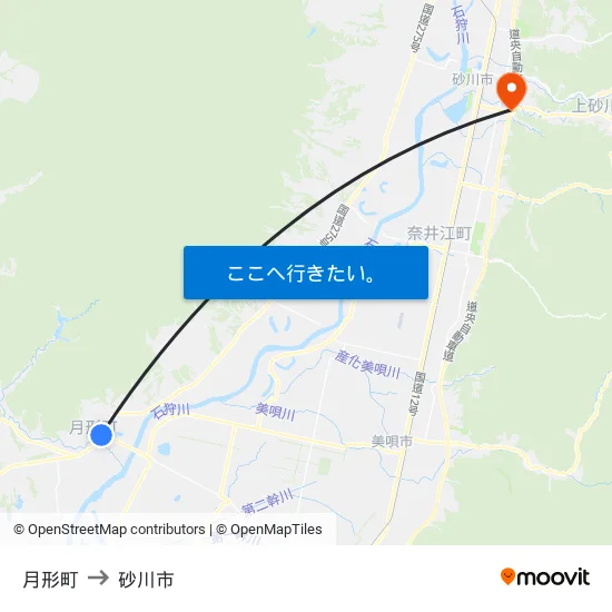 月形町 to 砂川市 map
