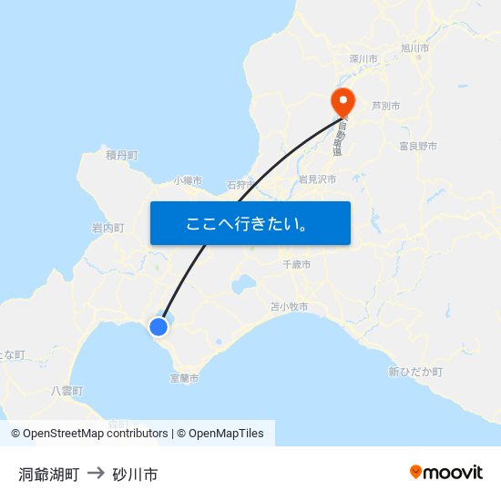 洞爺湖町 to 砂川市 map