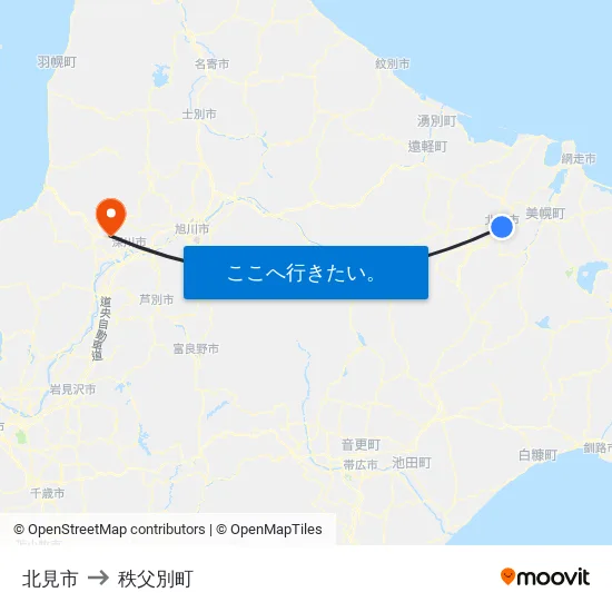 北見市 to 秩父別町 map