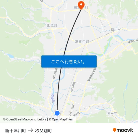 新十津川町 to 秩父別町 map