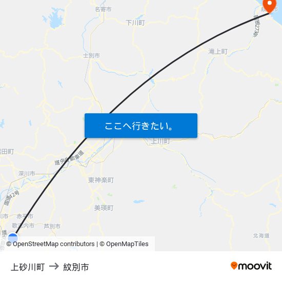 上砂川町 to 紋別市 map