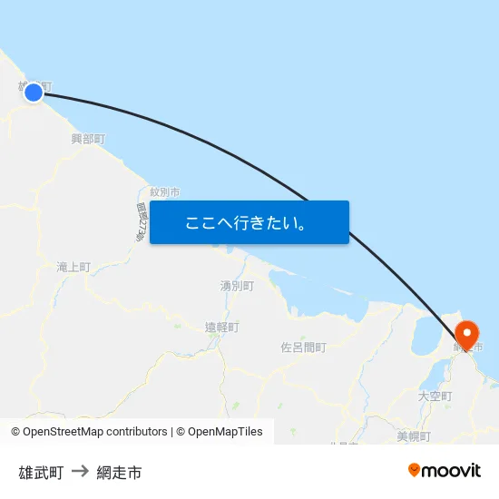 雄武町 to 網走市 map