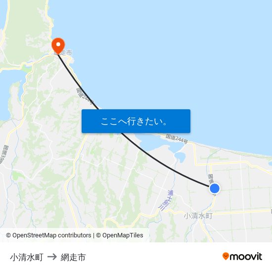 小清水町 to 網走市 map