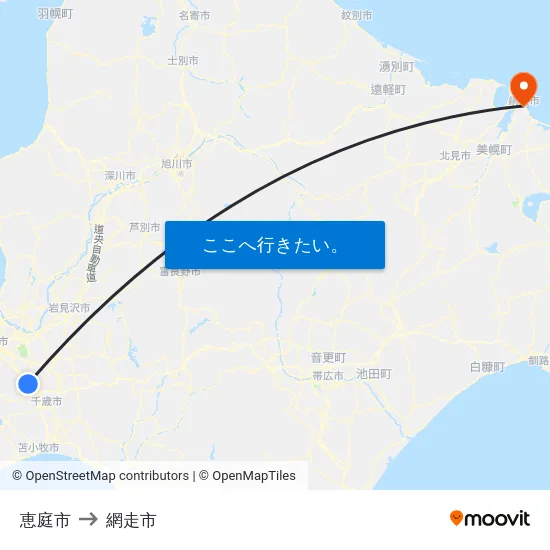 恵庭市 to 網走市 map