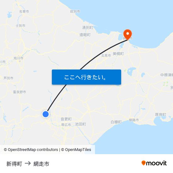 新得町 to 網走市 map