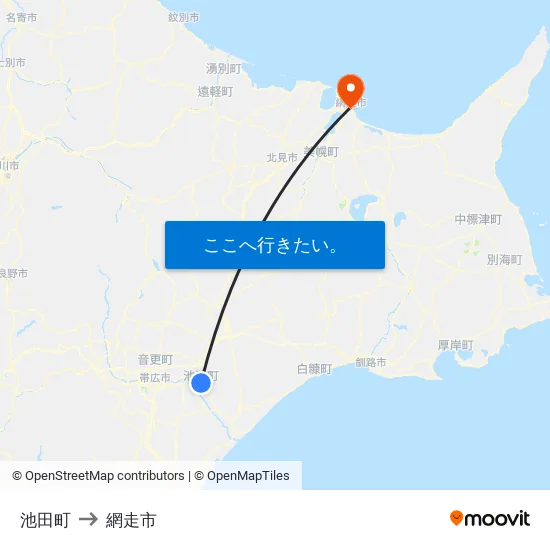 池田町 to 網走市 map